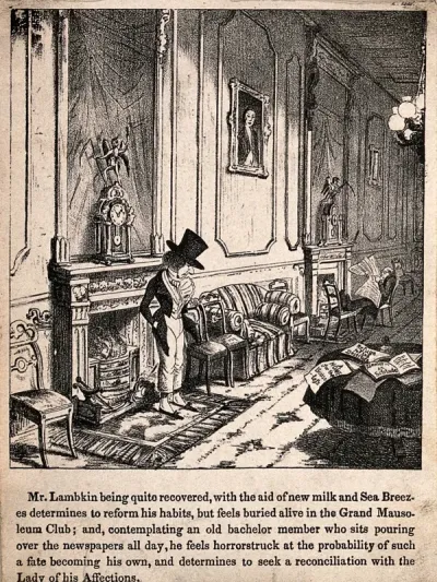 Mr. Lambkin on his knees begging forgiveness from his loved one. Lithograph by G. Cruikshank