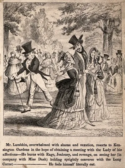 Mr. Lambkin out walking in Kensington Gardens hoping to bump into his loved one, he discovers her on the arm of another man which causes him much jealousy. Lithograph by G. Cruikshank