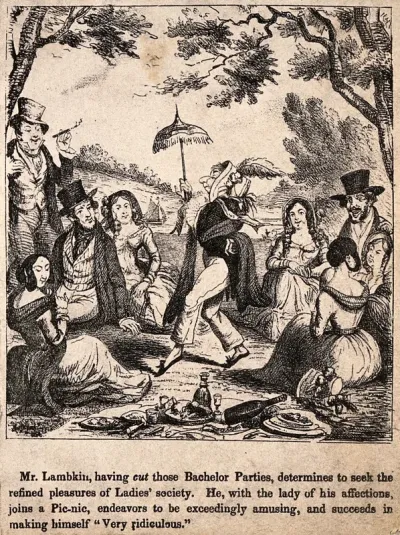 Mr. Lambkin playing the fool at a picnic with his loved one and friends. Lithograph by G. Cruikshank