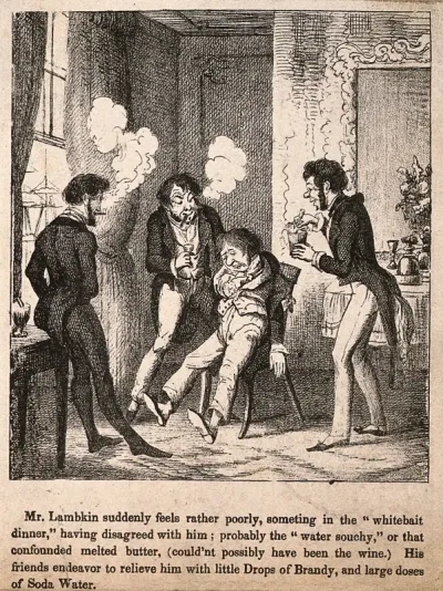 Mr. Lambkin suffering from excess food and wine, his friends try to make him feel better. Lithograph by G. Cruikshank