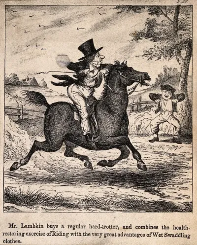 Mr. Lambkin trying to find a new cure for his illness; riding a horse in wet clothes. Lithograph by G. Cruikshank