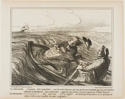 Mr. Prudhomme: “- Obnoxious waves.... don't you know whom you are carrying in this moment?... oh audacious... know I shall, like Xerxes, whip you terribly.” Mme Prudhomme: (shivering of fear) “- Pray, my dear friend, do not offend the sea any longer.