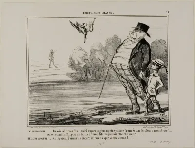 Mr. Prudhomme: “There you are again, my son... another innocent victim of the murderous lead.... poor little duck... pray, you never shall become a hunter, my son!” Young Adolph: “But Daddy, I'd rather like to be a hunter than a dead duck!,” plate 13
