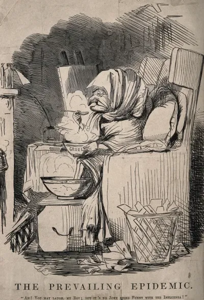 Mr. Punch wrapped up in blankets in front of the fire, eating gruel and suffering from influenza. Wood engraving after J. Leech