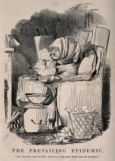 Mr Punch wrapped up in blankets in front of the fire, eating gruel and suffering from influenza