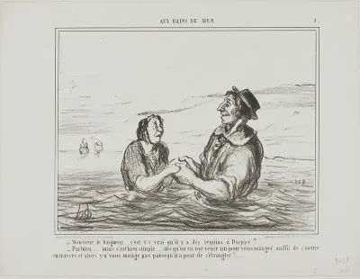“- Mr.Lifeguard.... is it true there are sharks at Dieppe? - Of course... but it is pretty simple... as soon as you see one coming to eat you, all you have to do is lay down sideways. He won't eat you for fear of choking to death,” plate 1 from Aus B
