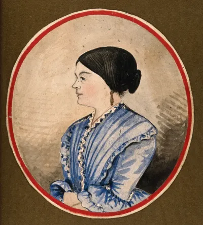 Mrs. Stephen Jenner in profile, head and shoulders, wearing a blue dress. Watercolour and ink by S. Jenner, 1856