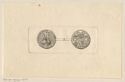 Munt met het portret van Annas de Perusse-d'Escars de Givry en een munt met een anker in een landschap