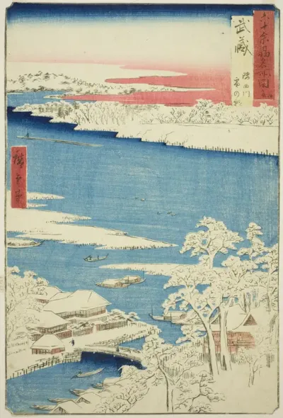 Musashi Province: Morning after Snow on the Sumida River (Musashi, Sumidagawa yuki no ashita), from the series "Famous Places in the Sixty-odd Provinces (Rokujuyoshu meisho zue)"