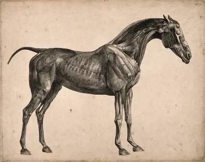 Muscles and blood-vessels of a horse: an écorché figure, side view, with the muscles and blood-vessels indicated