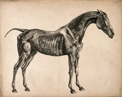 Muscles and blood-vessels of a horse: écorché figure, side view
