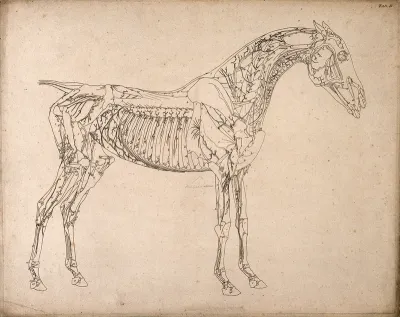 Muscles and blood-vessels of a horse: outline drawing, side view, with the muscles and blood-vessels indicated