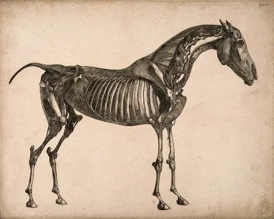 Muscles and bones of a horse: an écorché figure, side view