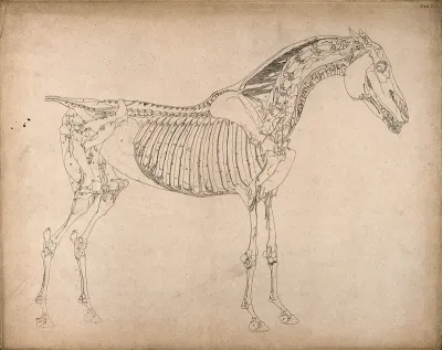 Muscles and bones of a horse: outline drawing, side view