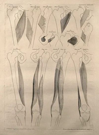 Muscles and bones of the pelvis and upper leg: twelve figures