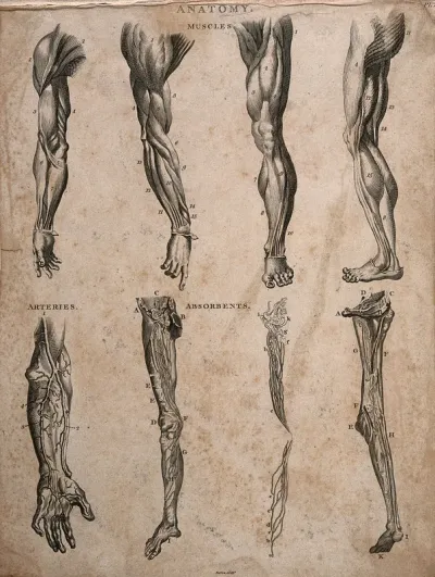 Muscles, arteries and lymphatics of the arm and leg: eight écorché figures