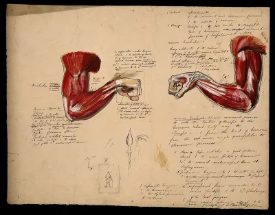 Muscles of the arm and hand: two figures, showing the arm bent at the elbow, with the fist clenched