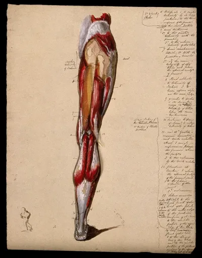 Muscles of the leg and foot: back view, with thumbnail ink sketch of walking figure