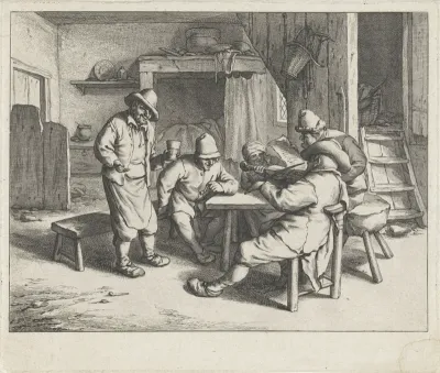 Musicerende figuren rond een tafel