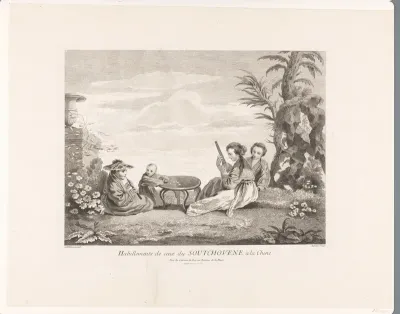 Musicerende figuren zittend rond een tafel