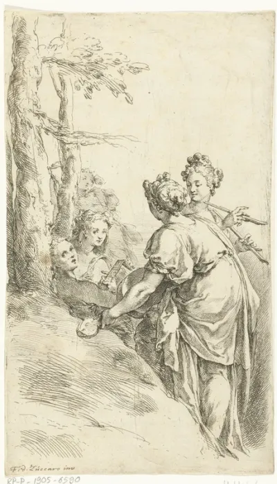 Musicerende meisjes in een landschap