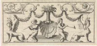 Musicerende putti met fluit en hoorn naast een schelp.