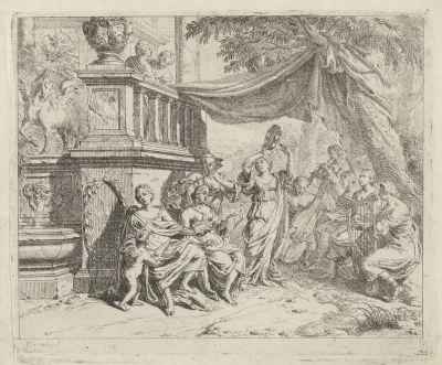 Musicerende vrouwen onder een baldakijn