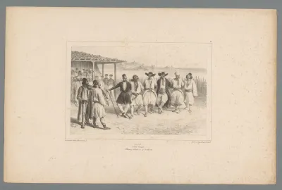 Musici met zes dansende mannen, 9 juli 1837