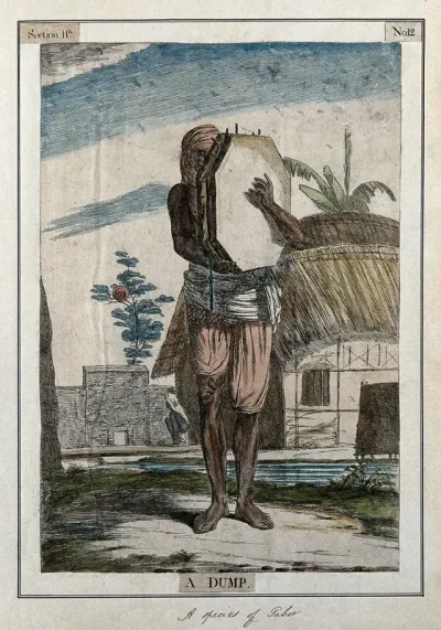 Musician playing the dump, a drum which is held vertically and struck with the fingers, Calcutta, West Bengal