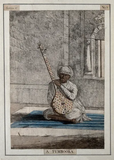 Musician with a tamboura, used for supplying a drone, Calcutta, West Bengal