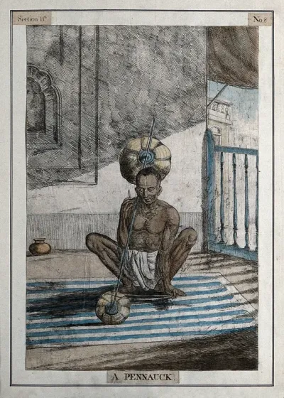 Musician with instrument made from pumpkin shells joined by a wire and played with a bow, Calcutta, West Bengal