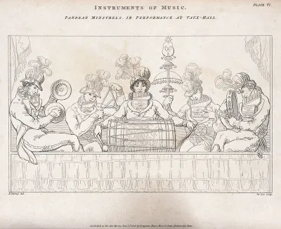 Musicians at Vauxhall Gardens playing a variety of instruments including, a tambourine, drum and cymbals