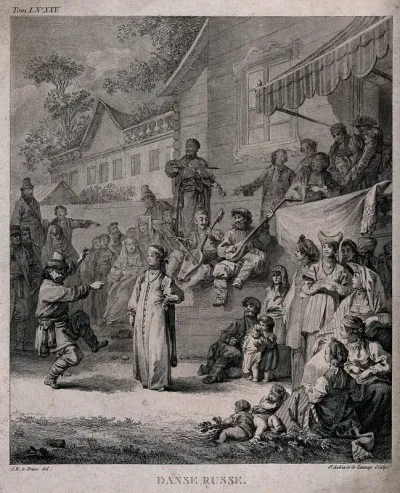Musicians play their instruments as a dancer entertains a crowd of people gathered under an awning and on the steps of a large building