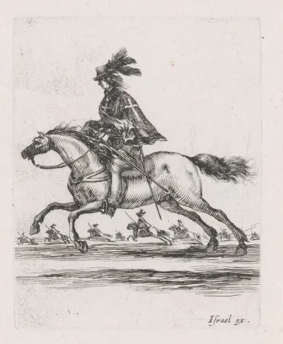 Musketier te paard in een landschap met meer ruiters te paard