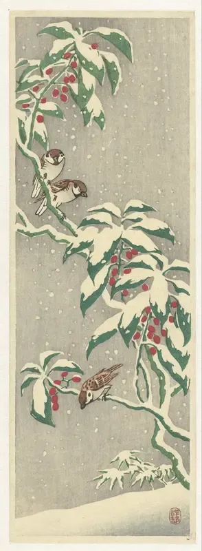 Mussen op besneeuwde bessenstruik