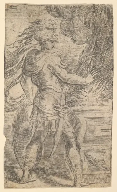 Mutius Scaevola placing his hand in the flames (left half of a composition, the right half of which shows a woman extending her right arm towards an altar)