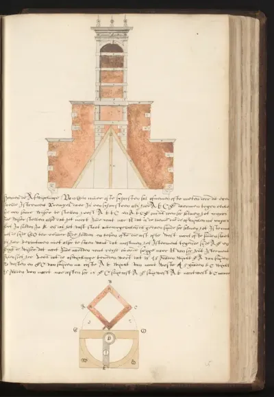 Muur met schoorsteen en bovenaanzicht met gradenboog