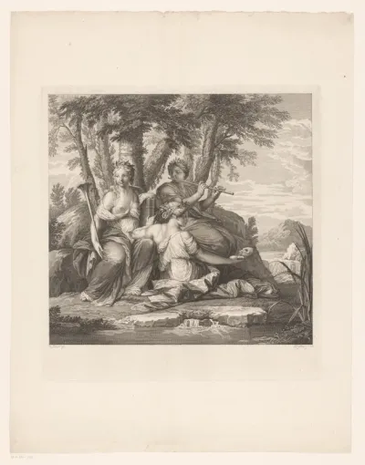 Muzen Clio, Thalia en Euterpe in een landschap