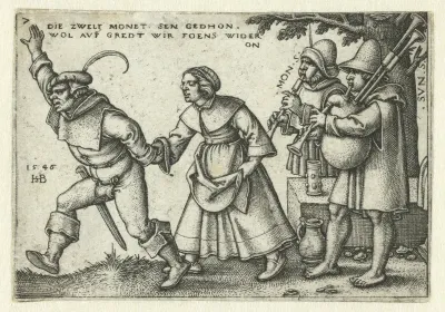 Muzikanten en dansend boerenpaar