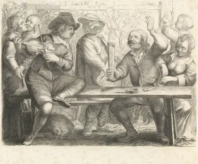 Muzikanten en drinker in een herberg