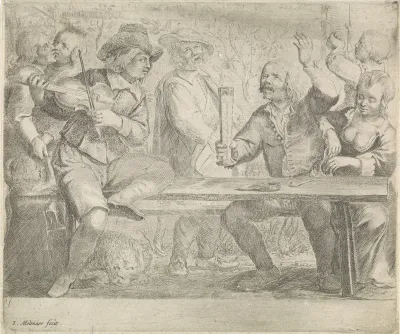 Muzikanten en drinker in een herberg