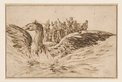Muzikanten op de rug van een grote vogel