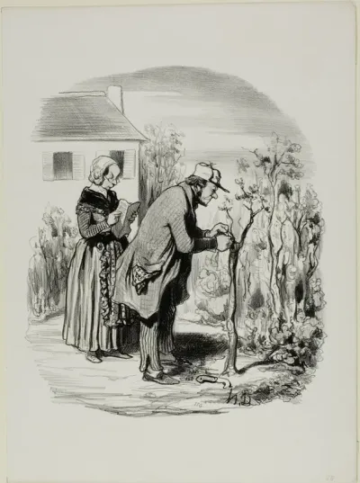 “- My graft of a cherry slip on an apricot tree really didn't take.... strange, ... after all, I followed exactly the instructions in the 'Manual of Useful Knowledge,'” plate 7 from Pastorales