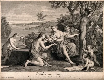 Myrrha, being transformed into the myrrh tree, gives birth to Adonis