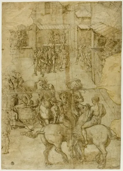 Mythological Pageant (recto); Illegible Inscriptions and Anatomical Studies of Head (verso)
