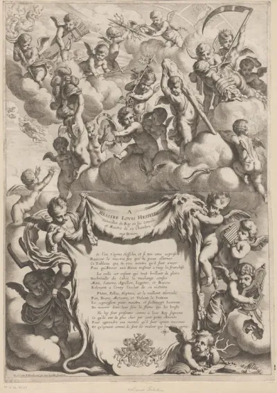 Mythologische figuren in de gedaante van putti rond een kader met opdracht