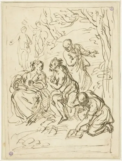 Mythologische of allegorische voorstelling met zes figuren