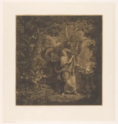 Mythologische scène met een offerende koningin in een bos, mogelijk Althaea, en drie gorgonen
