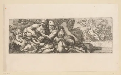 Mythologische scène met tritons, saters en putti