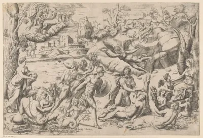 Mythologische voorstelling met een ingeslapen vrouw